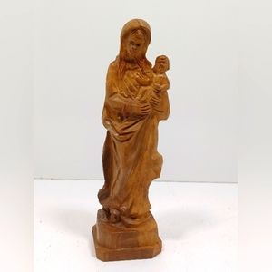 Vintage Virgin Mary Madona & Baby Jesus Hand Carved Olive Wood Statue Sculpture